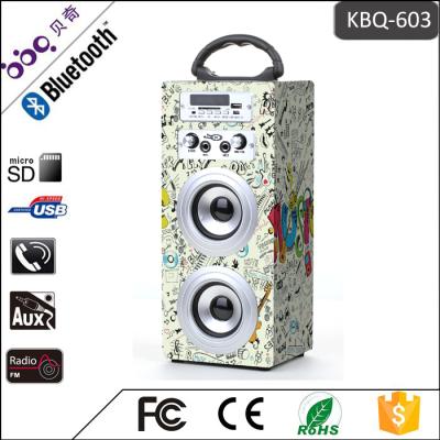 China KBQ-603 Mini Portable Wooden 10W Music Mini Portable Karaoke Bluetooth Audio Speaker Against 2 Microphones and TF/USB/FM Radio for sale