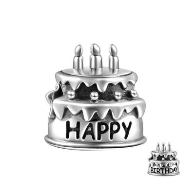 China Cute 925 Sterling Silver Happy Birthday Cake Charm Bead for Bracelet Jewelry Making for sale