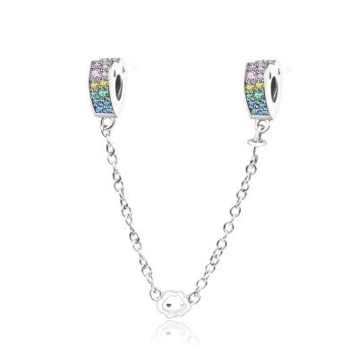 China TRENDY 925 Sterling Silver Multi Color Rainbow Heart Safety Chain Stone Charm For Bracelet Jewelry for sale