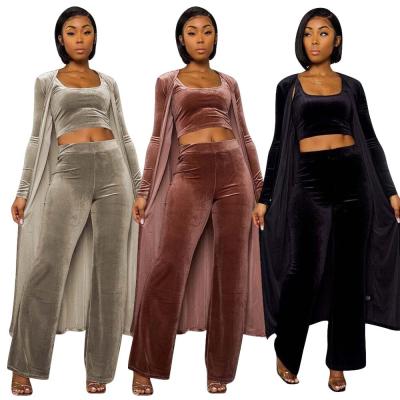 China WOW1156-Wholesale Autumn And Winter Solid Color Velvet Breathable Slim Coat Vest Wide Leg Pants Three Piece Set for sale