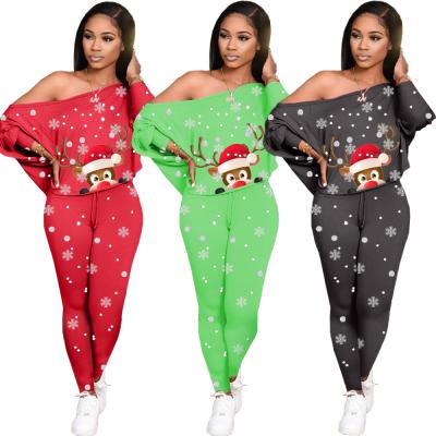 China WOW054-Wholesale Breathable Printed Slant Shoulder Casual Loungewear Women Sets Women Christmas Two Piece Set Pajamas for sale