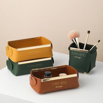 China Nordic Viable Style Multi-Function Folding PU Storage Tray Light Luxury Sundries Cosmetic Storage Box Leather Holder for sale