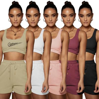 China Wholesale Anti-Wrinkle Summer Sportswear Women Sets Tracksuits Logo Pants Crop Tops And Shorts Clothing Brands 2 Pcs Outfits For Women for sale