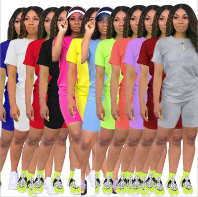 China 2021 Anti-Static Hot Selling Custom Logo Women Clothing Cotton Shorts Sleeves Neon Two Piece Shorts Sets 2 Piece Women Casual Outfit for sale