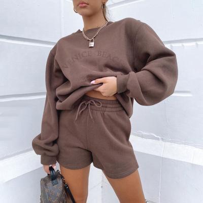 China Lightweight 2021 New Women's Letter Embroidered Fleece Thickened Loose All-match Casual Sweater + Shorts Two-piece Suit for sale