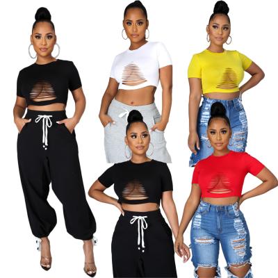 China 2021 Wholesale New Fashion Anti-Wrinkle Designer Shirts Short Sleeve Ladies Solid Crop Tops T-shirts Nightclub Sexy T-shirt Women for sale