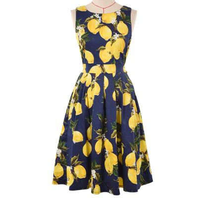 China Anti-wrinkle Floral Print New Vintage One Line Lemon Printed Sleeveless Dress Dress Elegant Knee-Length Ladies Women Dress With Belt for sale