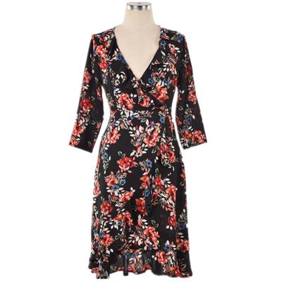 China Breathable Floral Print V-neck OEM Design Fashion Ruffle Beach Women Midi Red Wrap Dress for sale