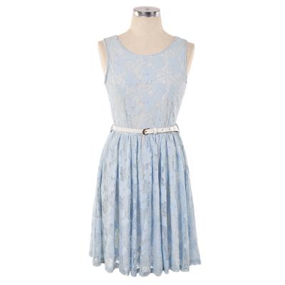 China Breathable Sleeveless Belt Decorating A Line Ladies Flower Hollow Out Flare Party Lace Dress Women Light Blue for sale