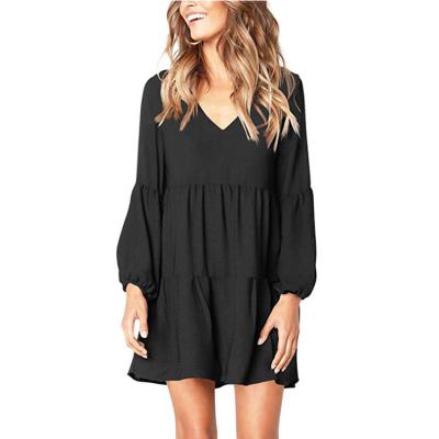 China Breathable Hot Sale Black V Neck Long Sleeve Plain Tunic Women Casual Dress for sale