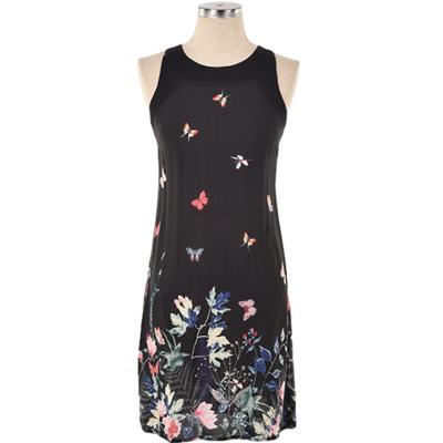 China Breathable 2019 Women Casual Dresses Summer Round Neck Butterfly Print Black Sleeveless Shift Dress for sale