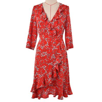 China OEM Breathable Red Deep V-Neck Chiffon Women Casual Dress Flower Floral Print Dress for sale