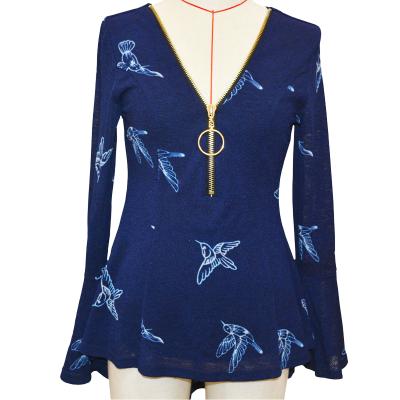 China Navy Bird Print Viable Zipper Front Top With Long Sleeve for sale