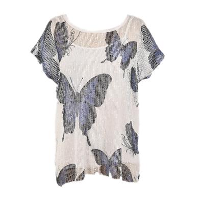 China Breathable Custom Butterfly Print Short Sleeve Mesh Plus Size Tops And Blouse For Women for sale