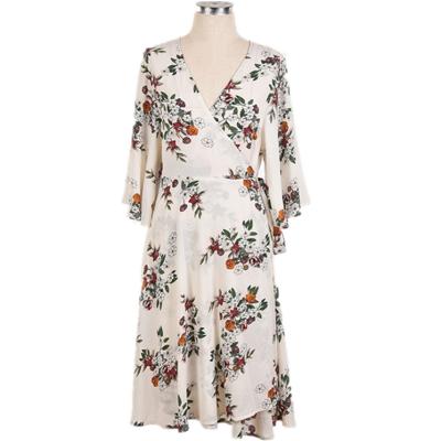 China Breathable Polyester Lady Casual Wear Butterfly Sleeve Floral Flower Print Dress V Neck for sale