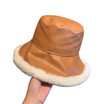 China Keep warm Adults Bucket Hat Wide Brim Embossed Other Leather pu rabit hair bucket hats for sale