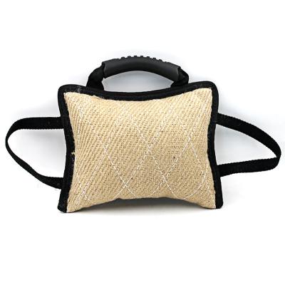 China Toy For Training Dogs Sustainable Bite Rest 3 Handle Jute Wear Resistant Bite Tug Dog Training Bite Pillow for sale