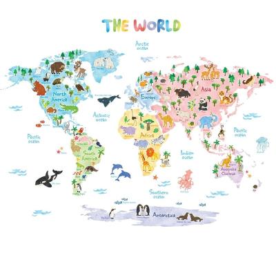 China Wall Decoration Design Animal World Map Customized Decals Free Peel And Stick Removable Wall Stickers For Kids Nursery Bedroom Living Room for sale