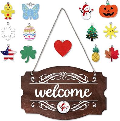 China Interchangeable Wooden Welcome Sign Front Door Decor Rustic Wood Hanging Porch Seasonal Decoration for Easter for sale