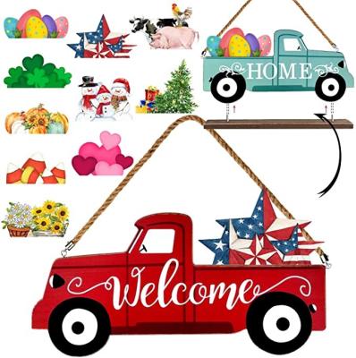 China Seasonal and Interchangeable Red Truck Wooden Welcome Sign Hanging and Home Sign with 10 Pcs Icons for Front Door for sale