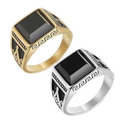 China The other gold-plated AG masonic men's rin black onyx titanium steel classic border European and American retro color preservation ring for sale