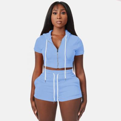 China Wholesale 2022 Viable Plus Size Fitness Shorts Zipper Woman Tops Drawstring Workout Shorts Yoga Top With Hoodie Two Piece Set for sale