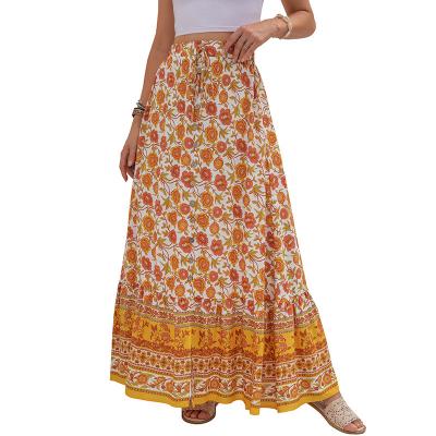 China Plus Size 2021 Plus Size Go To Lunga Faldas Plisadas Saias Long As MI Wrap Long Ladies Skirt Cute Flower Brown Printed Maxi Long Skirts For Women for sale