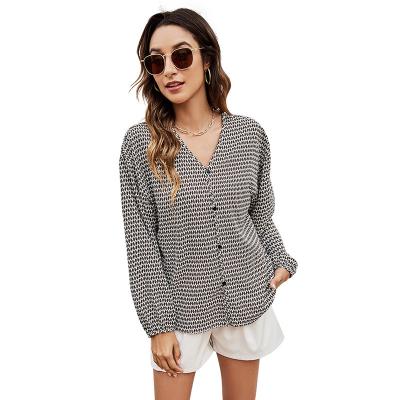 China Baju Wanita Lengan Panjang Summer Anti Shrink Ladies Loose V Neck Shirts Button Up Casual Plaid Long Sleeve Shirt Blouses For Women for sale