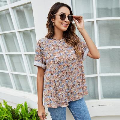 China Summer Women Flowers Camisa Mujer Fashion Casual Dress Blouses Anti Shrink Shirt Crew Neck Loose Tops Woman Cotton Printed Shirts For Women for sale