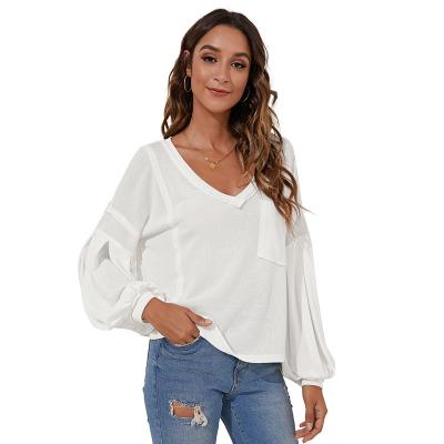 China 2021 High Quality Women's Anti-Wrinkle Women's Clothing Spring Simples Elegant Loose Casual Plain Plain Long Sleeve T-Shirt With Pocket for sale