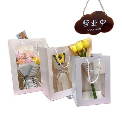 China Wholesale Recyclable Portable Transparent Flower Gift Bag Paper Window Rope Packaging Paper Bag For Mother's Day for sale