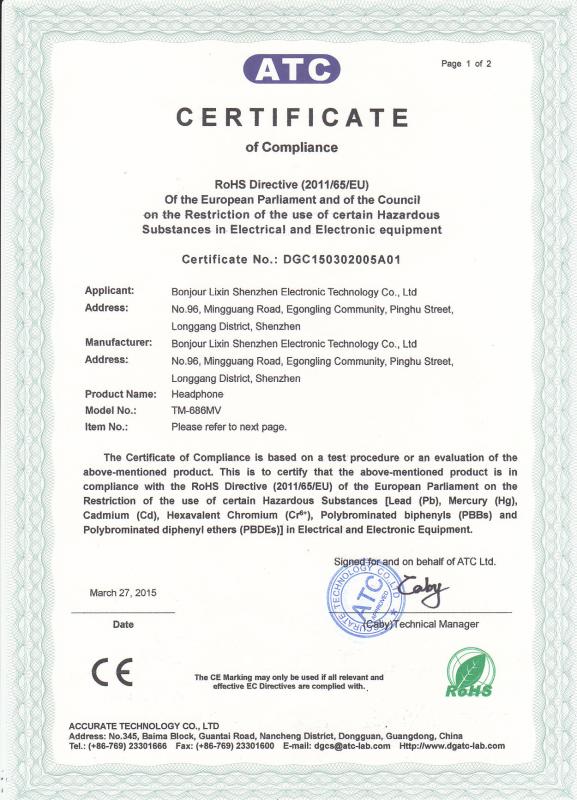 RoHS Certificate - Bonjour lixin shenzhen electronic technology co.,ltd