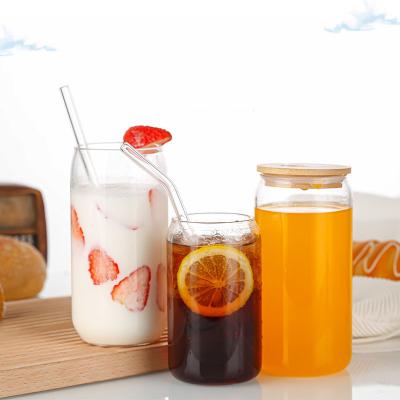 China Sustainable Wholesale Coke Can Shape Glass Mugs Clear Cup With Bamboo Lid and Straw Beer Can Glass For Iced Coffee Soda for sale