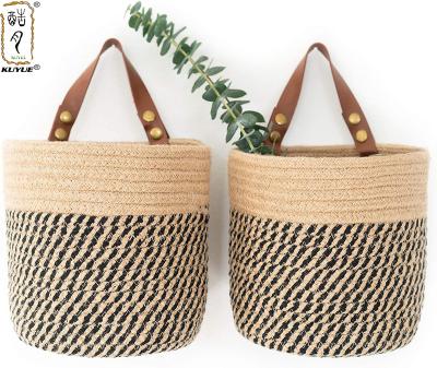 China New Arrival KUYUE Decorative 2 Piece Wall Hanging Jute Rope Storage Basket for sale