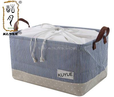 China Minimalist KUYUE PE Storage Rectangular Striped Basket, Foldable Leather Handle, Clothes, Socks, Comforter, Toy Storage for sale