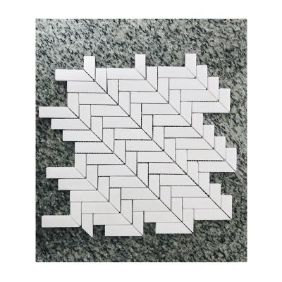 China Pure White Bone White Marble Mosaic Parquet Thassos Mosaic Herringbone Slabs for sale