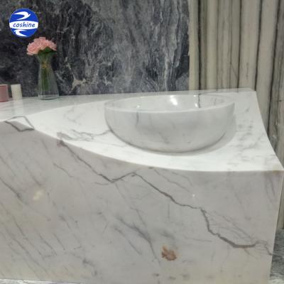 China Contemporary Vanity Top Snow White Marble Stone Integrated Bathroom Sink And Countertop for sale