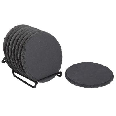 China Viable Wholesale Black Slate Coaster Round Coaster Mat Coffee Cup Tray Insulation Mat Round Tea Tray Mat for sale