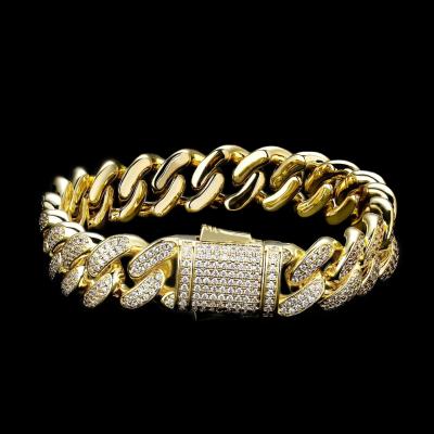 China KRKC Non-fading 12mm 14k 5A Gold Plated CZ Iced Out Diamond Link Bracelet Hip Hop Jewelry Cuban for sale