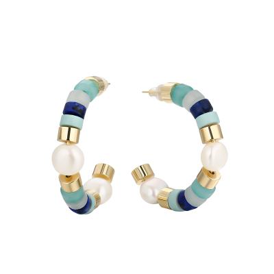 China FASHIONABLE KRKC&CO Shape Natural Stones Turquoise Beaded Jewelry C Shape Cuff Circle Pearl Earrings For Girls for sale