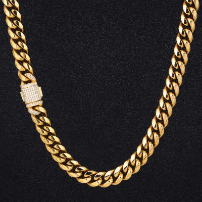 China Hiphop KRKC 12mm 18K/White 5A Gold Plated CZ Iced Out Diamond Buckle Miami Stainless Steel Cuban Link Chain for sale