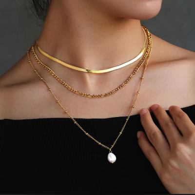 China KRKC Three Layer Pearl Necklace Choker Jewelry Set Multi Row Double 3 Strand Layered Multi Layer Non-fading Pearl Necklace With Charm Beads for sale