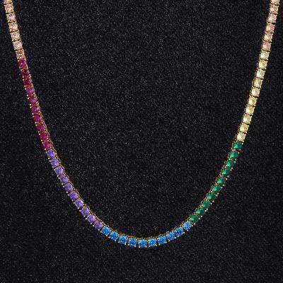 China Colorful Rainbow 5A Gold Plated CZ Diamond Tennis Necklace Set Hiphop Jewelry KRKC 4mm Tennis Chain for sale