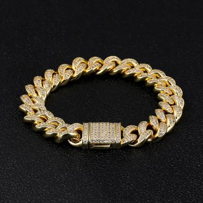 China Hiphop KRKC&CO Hip Hop Jewelry 12MM 7inch 14K Gold CZ Iced Out Cuban Link Chain Bracelet Cuban Bracelet for sale