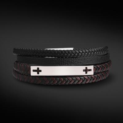 China KRKC Multi Layer Customizable Bulk Black Multilayer Leather Men's Leather Bracelet Non-fading Triple Wrap Metal Triple Wrap Cross Bracelet With Logo for sale