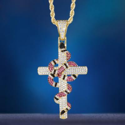 China KRKC&CO Hip Hop Jewelry KRKC&CO Hip Hop Jewelry For Men Snake Cross 14K Gold Iced Out Coral Snake Gemstone Shiny Iced Cross Pendant for sale