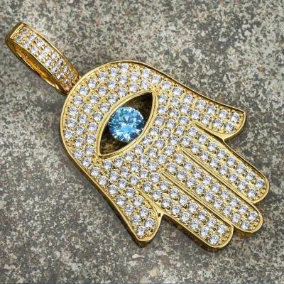 China Hip Hop Jewelry KRKC&CO Hip Hop Jewelry 14K Gold Iced Out Fatima CZ Evil Eye Hamsa Hand Pendant for sale