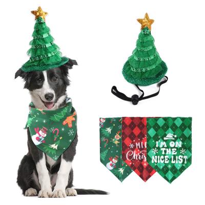 China Viable Newcomer Christmas Accessories Cute Dog Hats Red Plaid Dog Triangle Scarf Bandanas Set For Party for sale