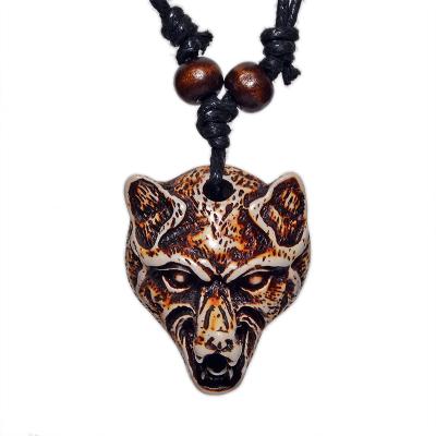 China Vintage FX004 Imitation Yak Bone Necklace Amulet Gift Men's Head Wolf Wolf Head Scarf Retro Charm Punk Style Pendant Ethnic Jewelry for sale