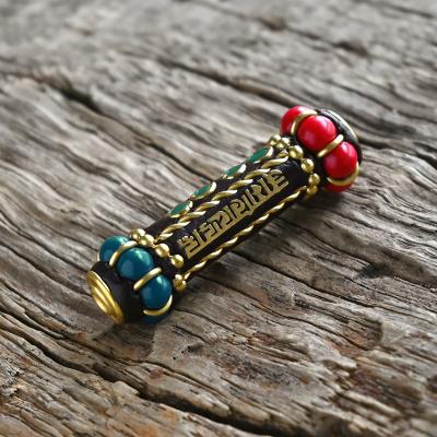 China TZ-N15 10PCS Vintage Handmade Brass Craft Nepal Bead For Necklace Jewelry Making DIY Accessories Clay Inlaid Colorful Cylindrical 12x40 for sale